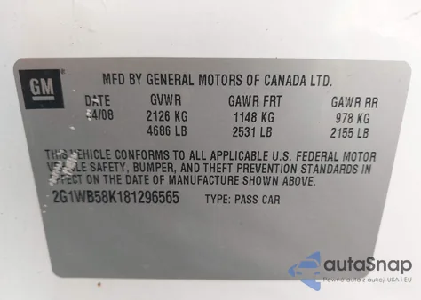 2008 Chevrolet Impala Ls from USA, damaged, VIN 2G1WB58K181296565